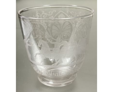 A Regency crystal wheel engraved tea caddy tea mixing bowl with Greek soldiers on horse back and acanthus motif and Greek key