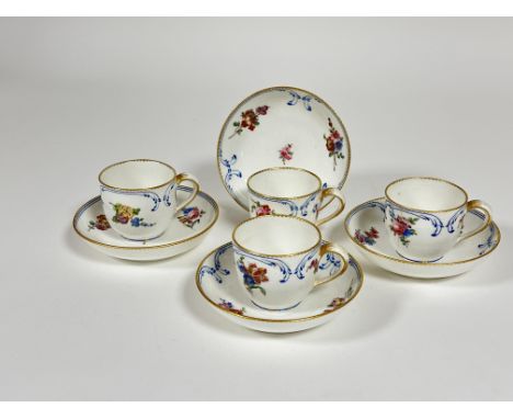 Property of the late Countess Haig, a late 19thc Sevres style set of four porcelain tea cups and saucers decorated with gilt 