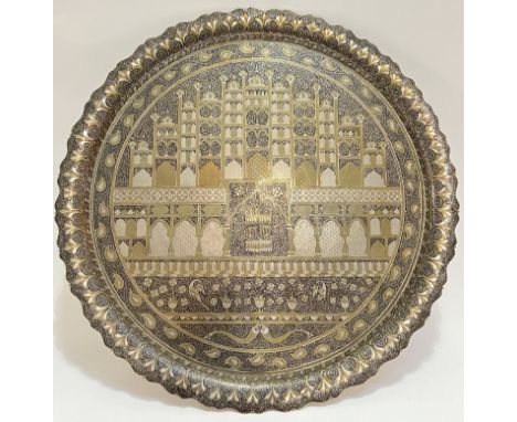 A large and fine Indo-Persian (probably Kashmiri/Indian) Mughal style niello white metal tray with engraved architectural Isl