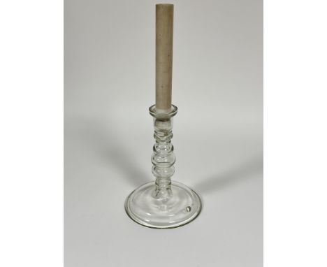 Property of the late Countess Haig, a hand blown glass knop stem candlestick lamp base raised on conical folded foot hole dri