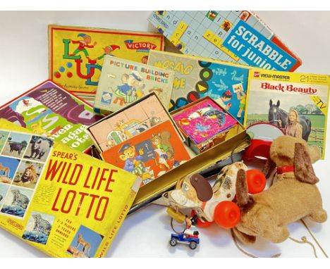 A quantity of vintage board games and toys comprising Scrabble, Ludo, Spear's Wild Life Lotto, Picture Building Bricks, Seven