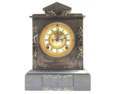 A slate and marble mantle clock with American Ansonia movement, the dial with enamelled chapter ring, Roman numeral indices, 