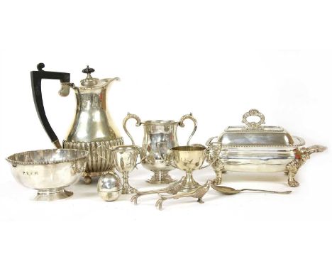 A collection of silver plate, to include a Georgian teapot with crest, possibly for Donegal Ireland, a coffee pot, a warming 