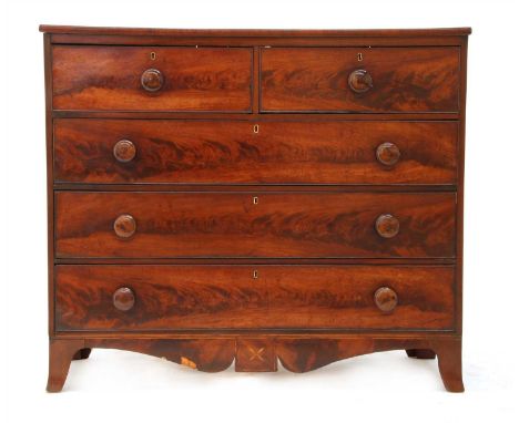 A 19th century mahogany chest, of two short and three long graduated drawers, on bracket feet, 131.5cm wide, 54.5cm deep, 113