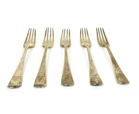 A set of five George III silver Hanoverian forks, Paul Storr, London, 1815, each with a crest, 17cm long, approximately 6.4oz
