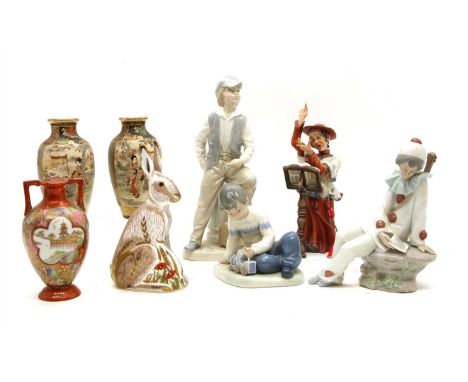 A Nao figure of a clown, two other Nao figures, a Crown Derby model of a hare, a Capo di Monte figure, a pair of satsuma vase