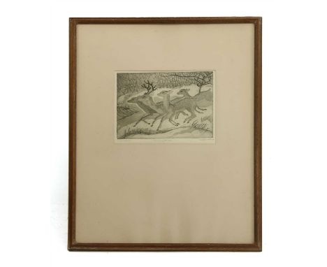 Cecil Mary Leslie (British 1900-1980) THE RUNNING OF THE DEER signed in pencil l,r aquatint, edition 2/30 17 x 21cm