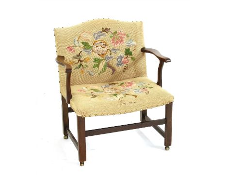 George III mahogany child's chair, stamped with an inventory number and has original tapestry