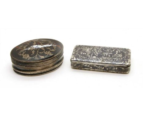 An early 19th century French silver-gilt and neillo-work snuff box, rectangular, the cover decorated in the manner of J W Wat