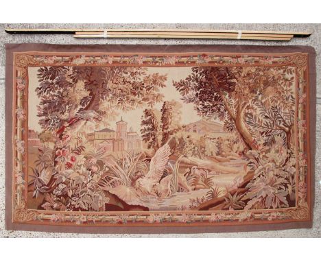 A tapestry depicting a lion attacking a bird, in a country house garden, probably late 19th, early 20th century, with a later