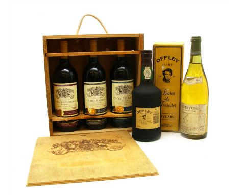 A quantity of mixed wines, to include Offley ten year old tawny port, 75cl, boxed, one bottle, Bouchard Pouilly-Fuisse, 1977,