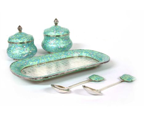 A Korean enamel and silver table set, comprising two jar and covers with spoons and an ovoid tray