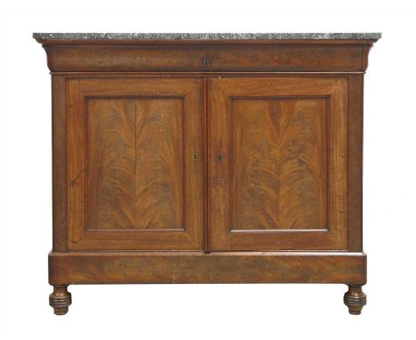 A Louis Philippe mahogany commode, 19th century, the green-veined marble top over a moulded frieze drawer, two panelled doors