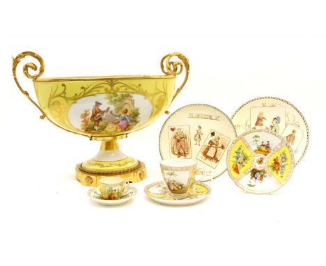 Ceramics, comprising: a large Limoges bowl with gilt metal mounts, 31cm., 9 Sarreguemines pictorial comic plates, including s