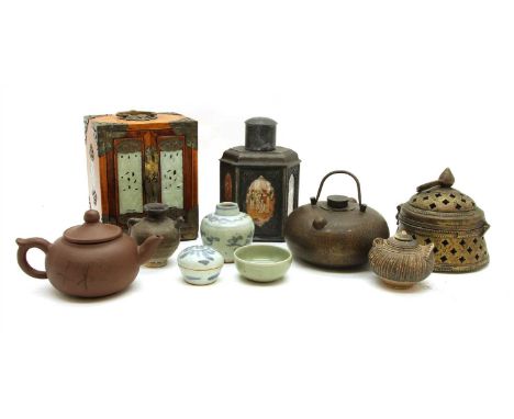 A Chinese Yixing Zisha teapot, and a collection of celadon, blue and white jarlets, and a collection of miscellaneous