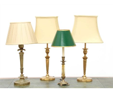 A pair of brass candlestick table lamps , 20th century, with rectangular silk shades, 58cm high overall, and another two simi