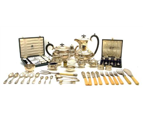 A collection of silver items, to include a cased set of six spoons by James Dixon &amp; Sons Ltd, a similar set of six fiddle