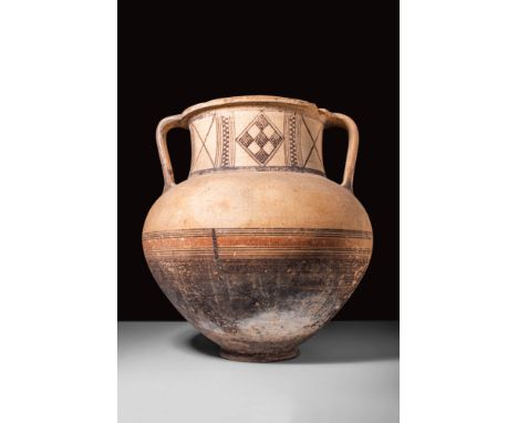 Ca. 750 - 600 BC.A large example of a wheel-thrown pottery amphora with a flat, circular base, an inverted piriform body with