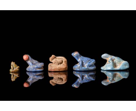 New Kingdom, Ca. 1550 - 1069 BC.A collection of five scaraboid amulets in the form of crouching frogs, each perforated length