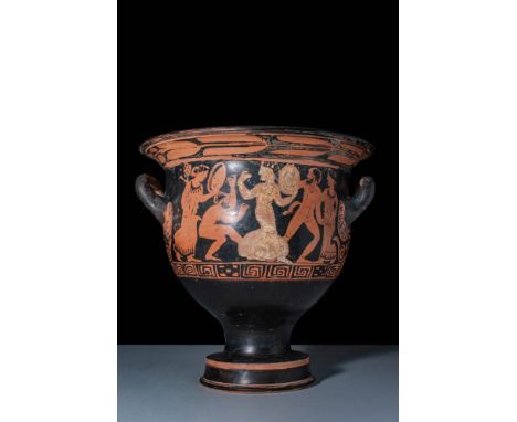 Ca. 360 - 350 BC.A red-figure bell-krater attributed to the Black Thyrsus Painter, constructed with a broad bell-shaped body,