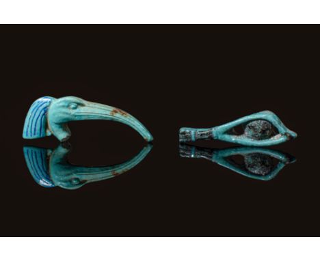 Third Intermediate Period, Ca. 1069 - 664 BC. A pair of faience elements, the one on the left modelled as the head of an ibis