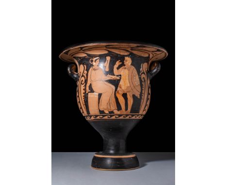 Ca. 400 - 300 BC.A red-figure krater with a flaring lip, concave neck, and deep bell-shaped body tapering into a narrow foote