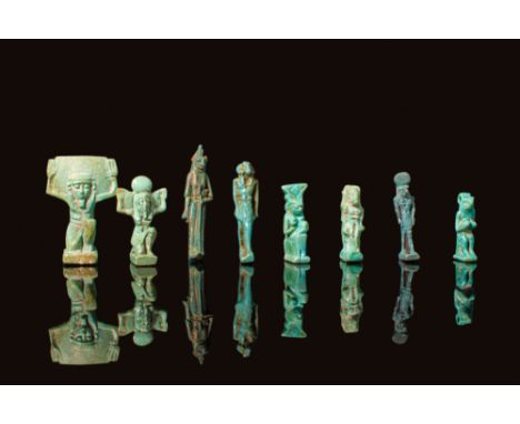 Third Intermediate Period to Late Period, Ca. 1069 - 332 BC. A collection of eight faience amulets depicting various deities.