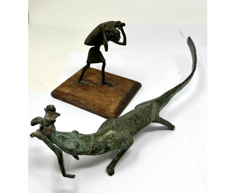 2 vintage bronze figs crocodile &amp; man carrying sack 