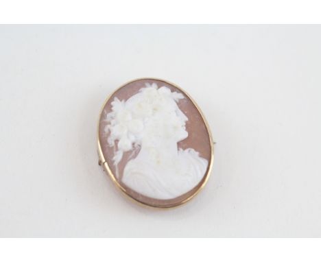 9ct gold vintage shell female portrait cameo brooch with saftey chain (4.8g) 