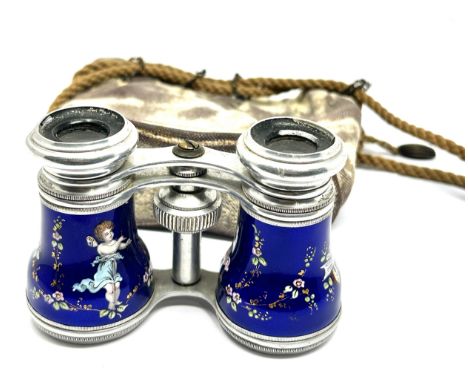 antique Vintage french enamel opera glasses in bag 