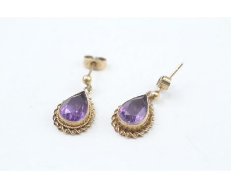 9ct gold vintage pearl cut amethyst drop earrings with scroll backs (2.4g) 