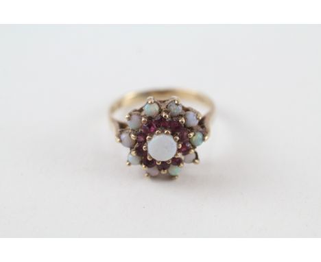 9ct gold vintage opal &amp; ruby cluster ring (3.5g) 