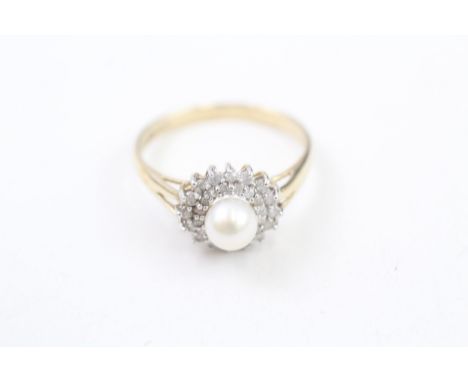 9ct gold cultured pearl &amp; diamond cluster ring with millennium hallmark (2.5g) 