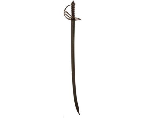 A GEORGIAN HEAVY CAVALRY SWORD, 87cm curved fullered blade with clipped back tip, nibbling, regulation steel slotted hilt wit
