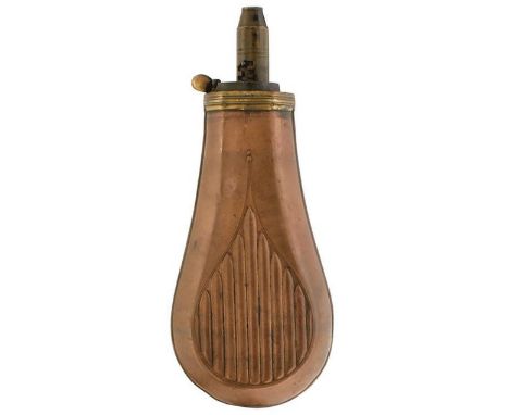 A SCARCE MANTON TYPE COPPER POWDER FLASK, the two-piece body with gadrooned decoration, reeded ovoid brass top with graduated