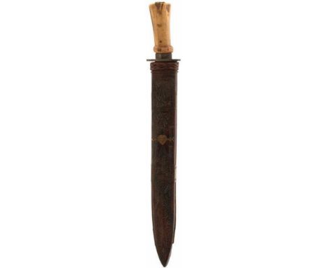 A LARGE FRENCH HUNTING KNIFE, 38cm blade stamped with the owner's initials RW at the forte, shaped stag's horn grip, the pomm