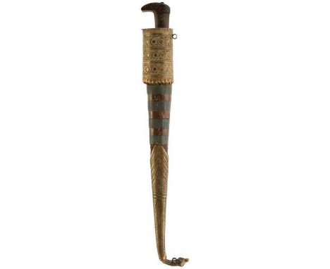 A 19TH CENTURY INDIAN CHOORA OR DAGGER, 33.5cm T-section blade, characteristic steel hilt with riveted horn grips, set with s