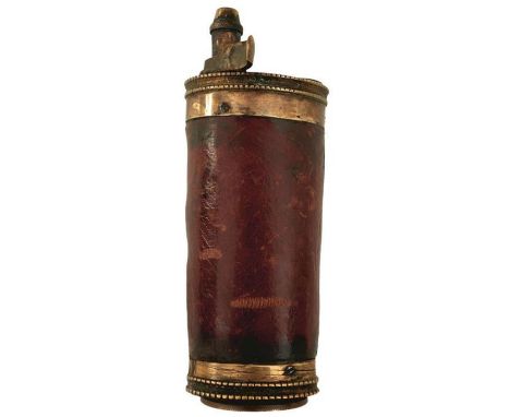 THREE REPLICA THREE-WAY POWDER FLASKS, one red leather covered, another brown leather covered and the last plain brass, toget