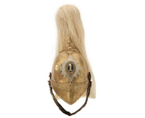 A WORN COMPOSITE FIRST DRAGOONS TROOPER'S HELMET, the brass skull with brass fittings, split to the rear, associated leather 