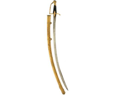 A 19TH CENTURY FRENCH OFFICER'S SWORD, 80.5cm curved blade, double edged towards the tip, etched with stands of arms and foli