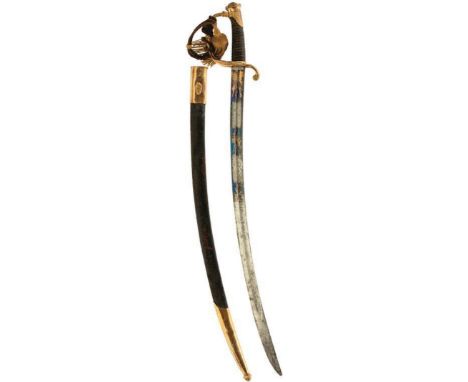 A FRENCH 1ST EMPIRE (?) CAVALRY OFFICER'S SWORD, 72cm curved blade decorated with scrolling foliage and stands of arms, in fr