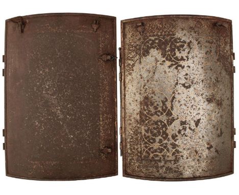 TWO 19TH CENTURY INDIAN SIKH CHAR AINA OR CHEST ARMOURS, the first with convex body and turned rim decorated with borders of 