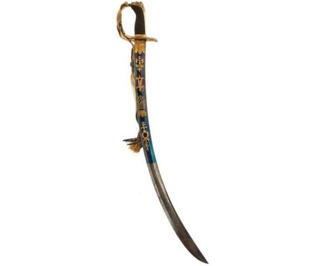 AN 1803 PATTERN LIGHT COMPANY OFFICER'S SWORD, 76.5cm curved blade decorated with scrolling foliage, a stand of arms, an infa