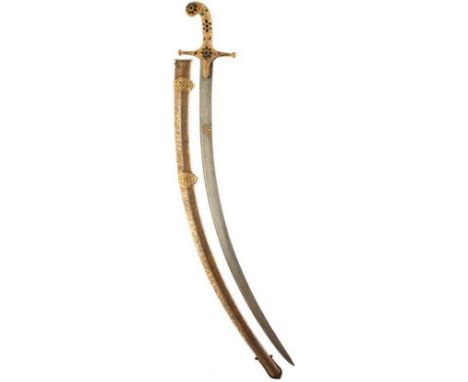 A 19TH CENTURY INDIAN KUTCH SHAMSHIR OR SWORD, 75cm sharply curved blade with watered decoration, further decorated with a sm