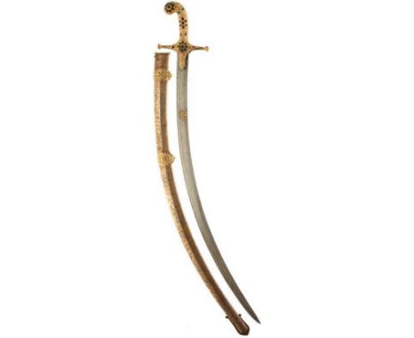 A 19TH CENTURY INDIAN KUTCH SHAMSHIR OR SWORD, 75cm sharply curved blade with watered decoration, further decorated with a sm