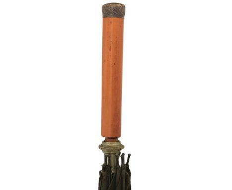 A 19TH CENTURY FRENCH SWORD STICK UMBRELLA, 34cm diamond section blade decorated with foliage in gilt on a blued ground, mala