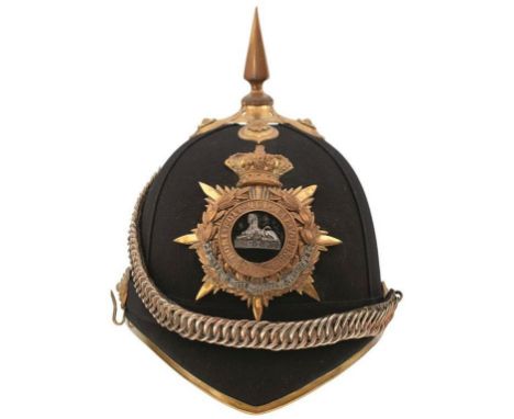 A SOUTH STAFFORDSHIRE REGIMENT OFFICER'S BLUE CLOTH HOME SERVICE HELMET, the blue cloth covered body with brass trim to inclu