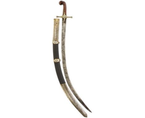 A 19TH CENTURY TURKISH SHAMSHIR, 79cm sharply curved blade, grey stained, characteristic white metal hilt with traces of gilt