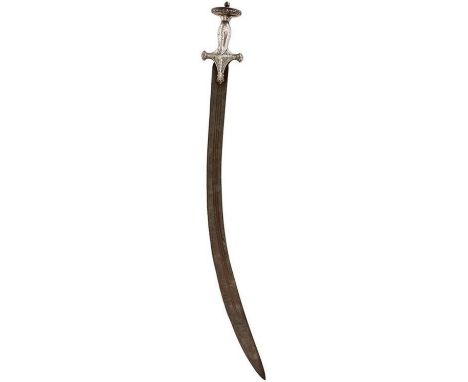 A 19TH CENTURY INDIAN TULWAR, 67cm triple fullered curved blade, characteristic steel hilt decorated with foliage and flowerh