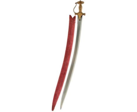 A 19TH CENTURY INDIAN MUGHAL SOSSUN PATA OR SWORD, 77.5cm slightly curved T-section blade, characteristic hilt profusely deco